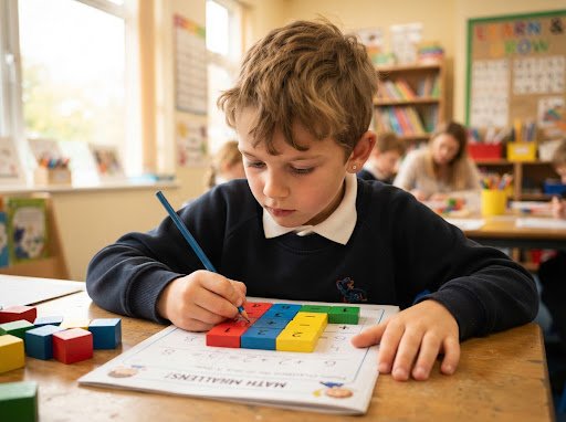 Maths learning session with student using blocks and working on problem sheets