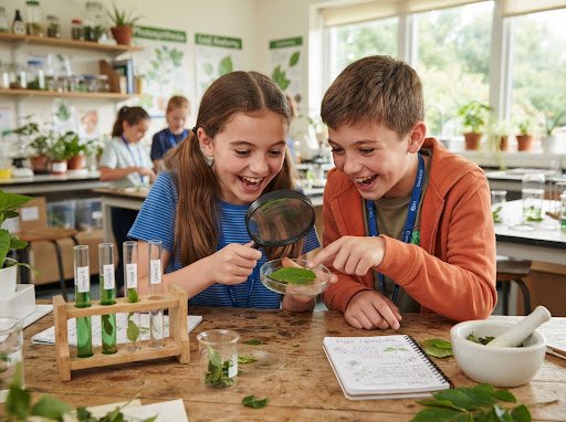 Children doing science experiment with microscope and plants