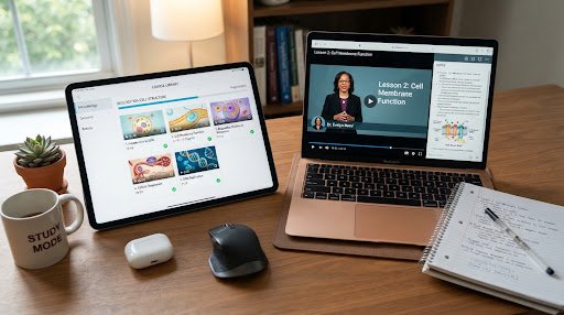 Tablet and laptop displaying recorded lesson